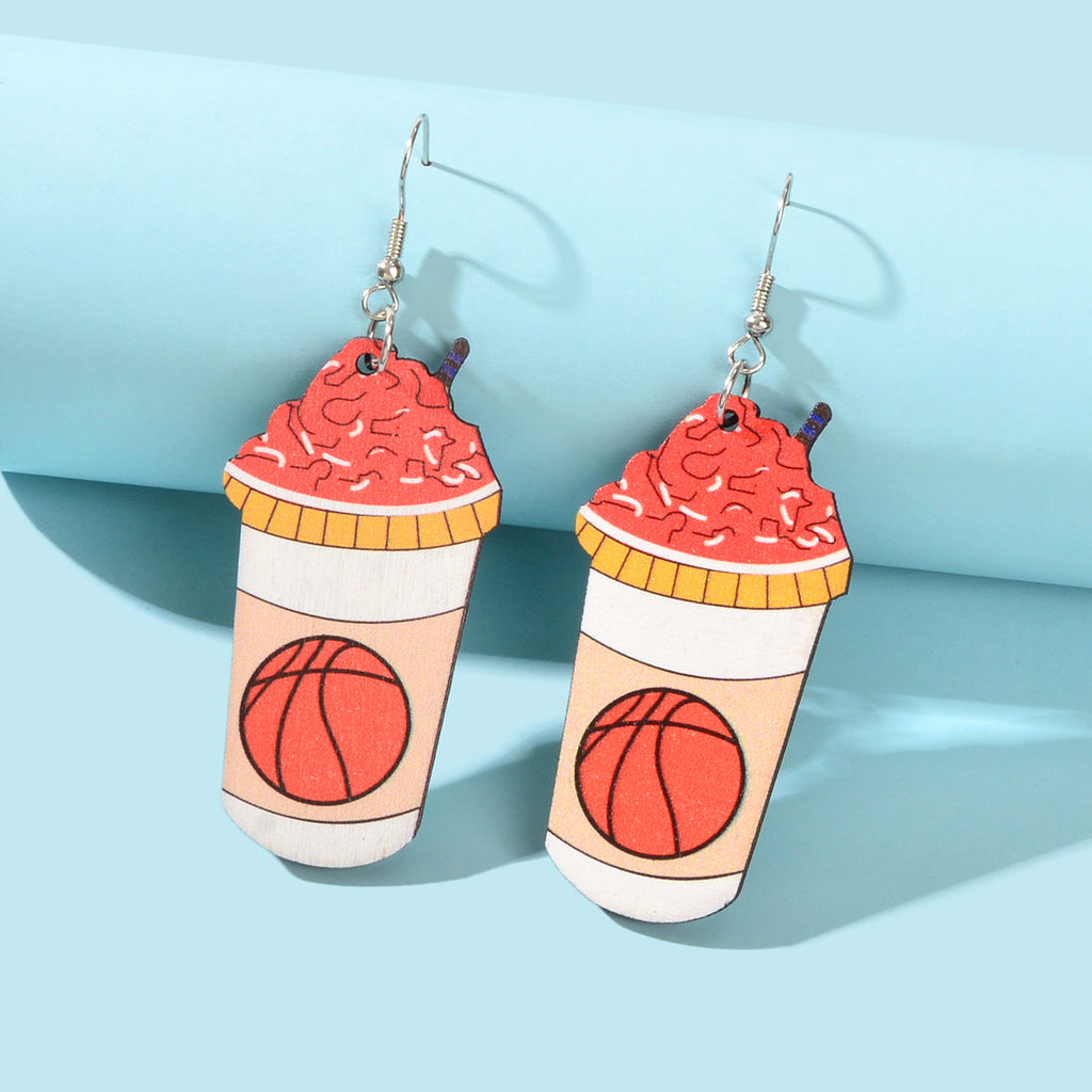 Funny Basketball Pattern Drink Shape Wood Dangle Earrings Sports