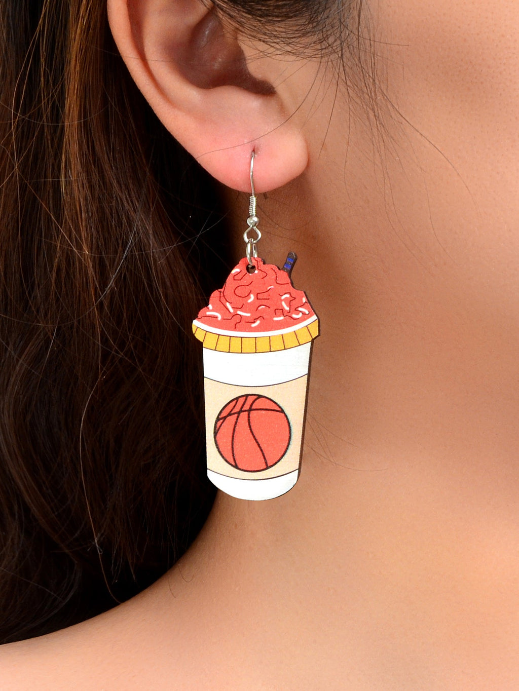 Funny Basketball Pattern Drink Shape Wood Dangle Earrings Sports