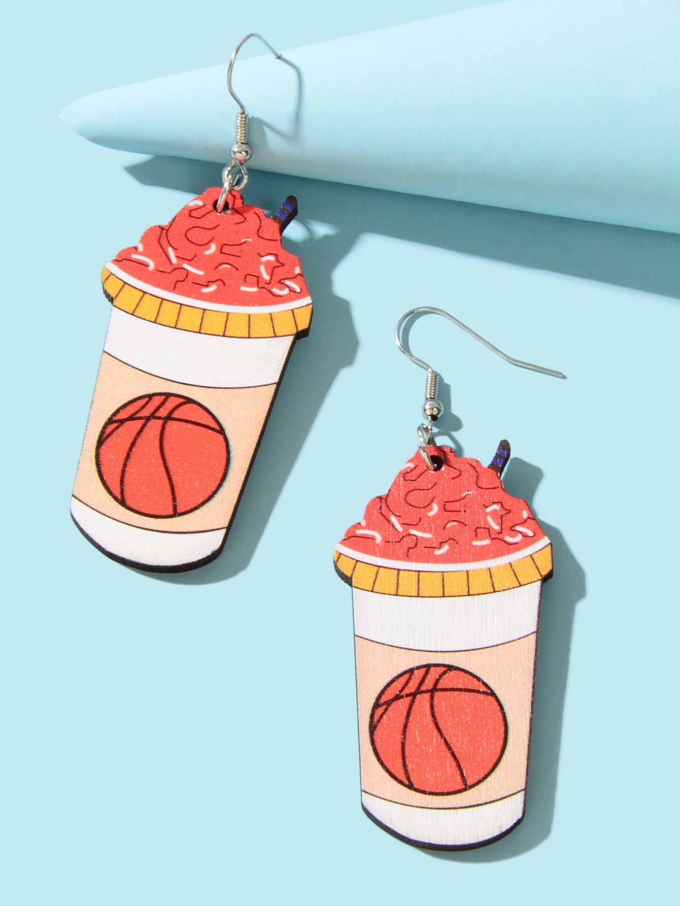 Funny Basketball Pattern Drink Shape Wood Dangle Earrings Sports
