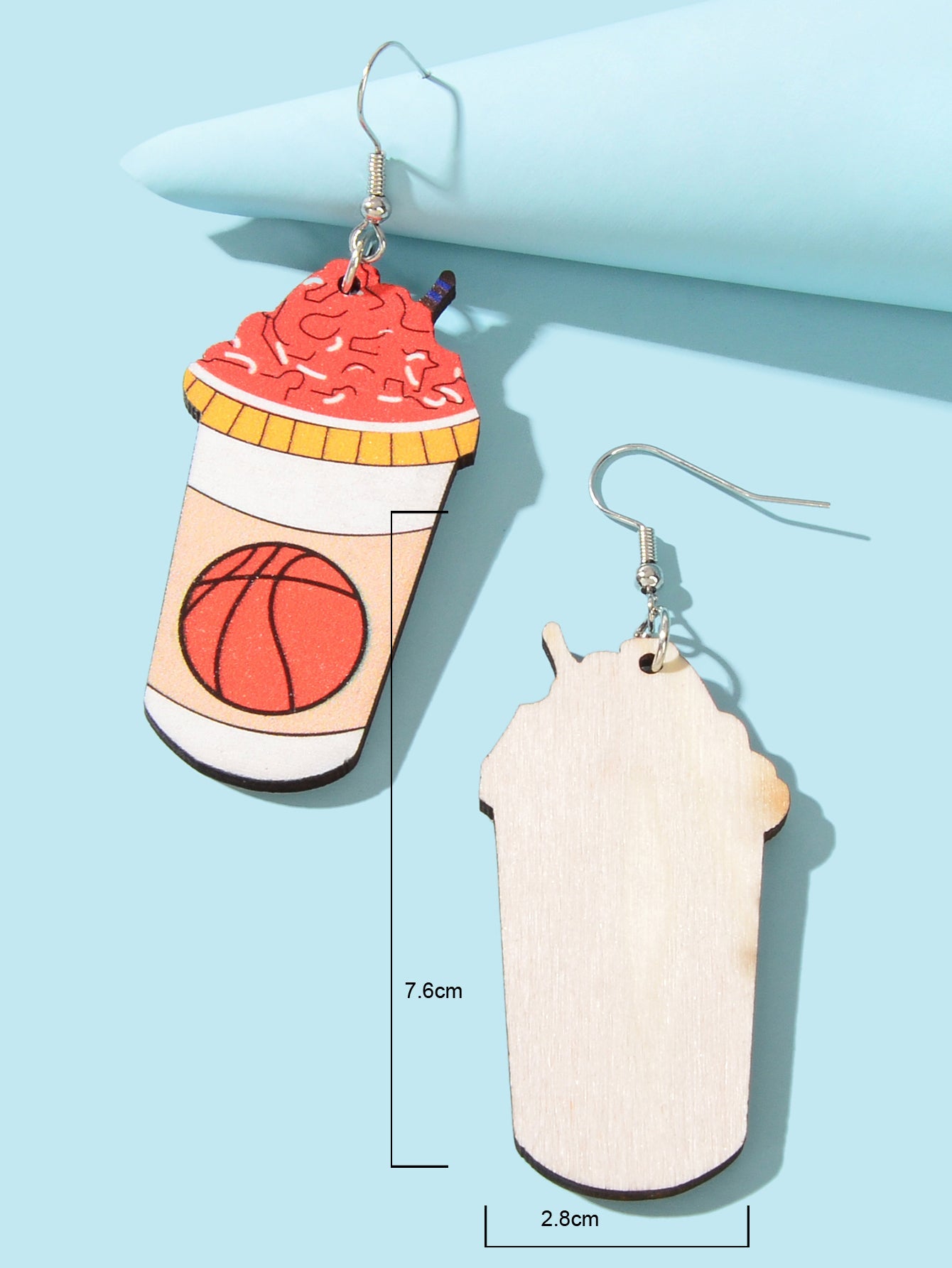Funny Basketball Pattern Drink Shape Wood Dangle Earrings Sports